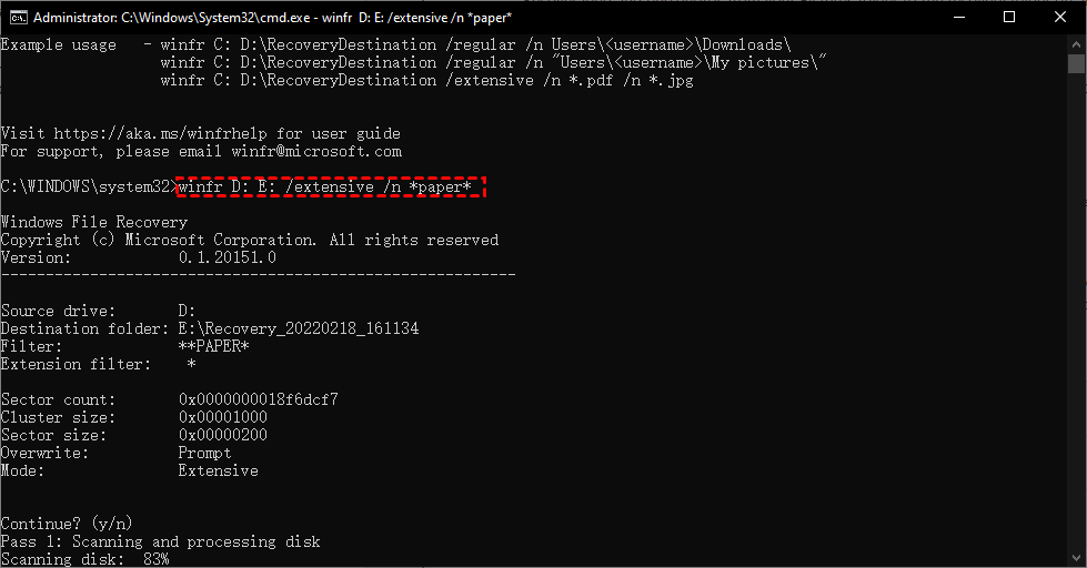 使用Windows文件恢复工具（微软官方命令行工具）步骤二
